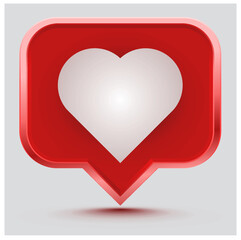 3d heart and talking bubble. 3d social media notification love like heart icon in red rounded square pin isolated on white background with shadow.