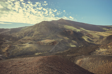 Wide view of the crates on etan mount, one of the active vulcanos located in Sicily. South Italy.