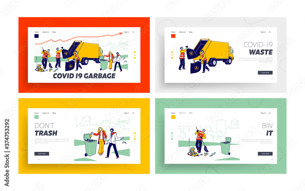 Poster janitors collecting garbage to sacks with bio hazard signs landing page template set. characters thr