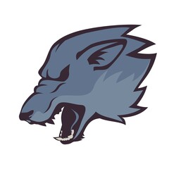 Roaring wolf head emblem on white background, symbol of aggressive beast
