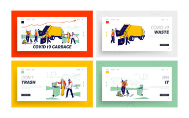Obraz na płótnie Canvas Janitors Collecting Garbage to Sacks with Bio Hazard Signs Landing Page Template Set. Characters Throw Covid Waste Masks