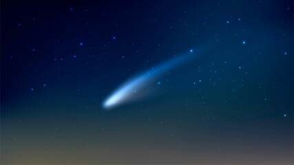 Vector night starry sky with falling comet and asteroid