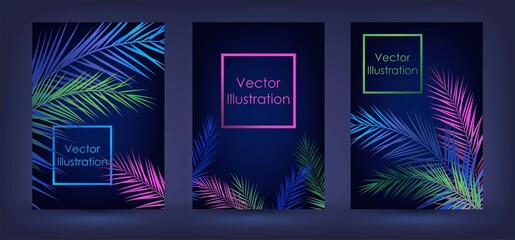 Set of three tropical covers or flyers with neon palm leaves