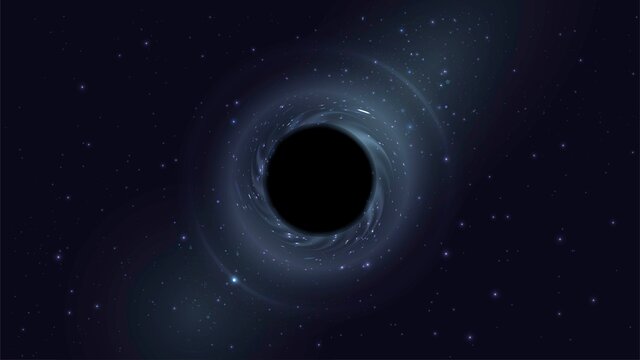 Vector illustration with space landscape: black hole bends space in the dark starry sky