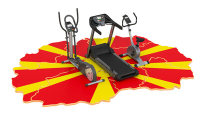Naklejka premium Sport clubs in Macedonia. Fitness, exercise equipments on Macedonian map. 3D rendering