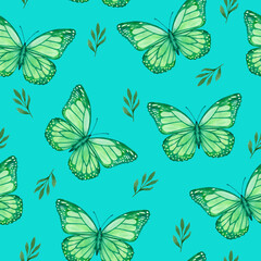 Seamless pattern with green butterflies on blue background 