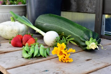 Freshly harvested organic home grown late summer vegetables ready for preparing and eating healthy homemade meals during early fall