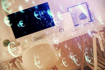 Double exposure of financial graph drawing and office interior background. Concept of stock market.