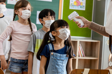 A group of Kids students wearing masks lined up waiting for woman teachers to Check Fever by Digital Thermometer in the classroom for Scan and Protect from Coronavirus Outbreak - Healthcare Concept