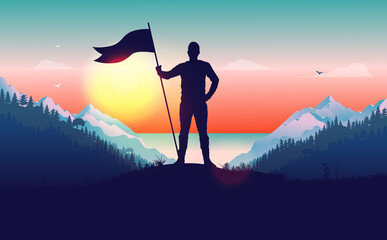 Holding flag with pride - Stand fast man with raised flag in front of epic landscape. Male self esteem concept, vector illustration. - obrazy, fototapety, plakaty