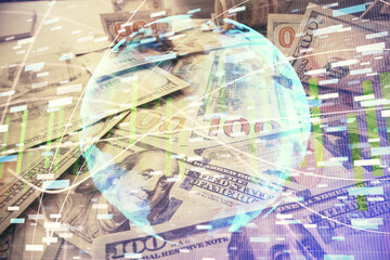 Multi exposure of business theme drawing over us dollars bill background. Concept of financial success.