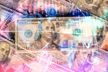 Multi exposure of business theme drawing over us dollars bill background. Concept of financial success.