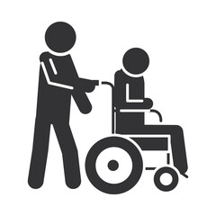 person carries a disabled in a wheelchair, world disability day, silhouette icon design