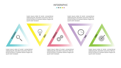 Infographic vector with 5 step colorful gradient traingle structure and diagonal titles. Simple diagram for presentation business plan.