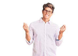 Young handsome man wearing business clothes and glasses doing money gesture with hands, asking for salary payment, millionaire business