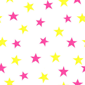 Seamless pattern with abstract pink and yellow stars