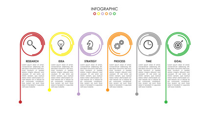 Infographic vector with 6 step colorful lined circle structure with pendulum. Clever and simple diagram for presentation business concept.