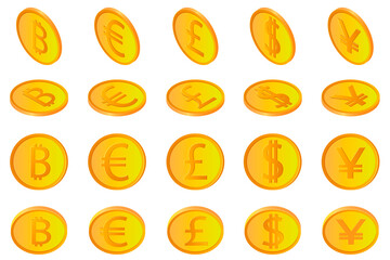 The bitcoin dollar Euro pound and yen.A set of coins of American European cryptocurrencies of British and Japanese coins in different angles isolated on a white background. Use as design elements.