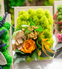 Decorative floristic arrangement of artificial flowers and stabilized moss..
