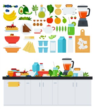 Image with assorted products for a healthy breakfast vector illustration in a flat design.
