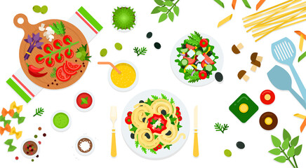Image of pasta, salad and assorted ingredients vector illustration in a flat design.