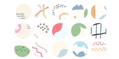 Highlight covers for social media stories vector . Abstract backgrounds. Round icons isolated. Various shapes, lines, spots, dots, doodle objects. Hand drawn templates. Perfect for bloggers, brands