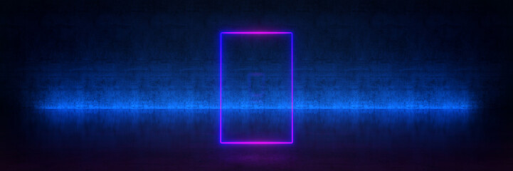 Neon rectangle frame or neon lights horizontal sign. 3d rendering