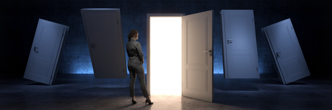 door and businesswoman, door to new opportunity. 3d rendering