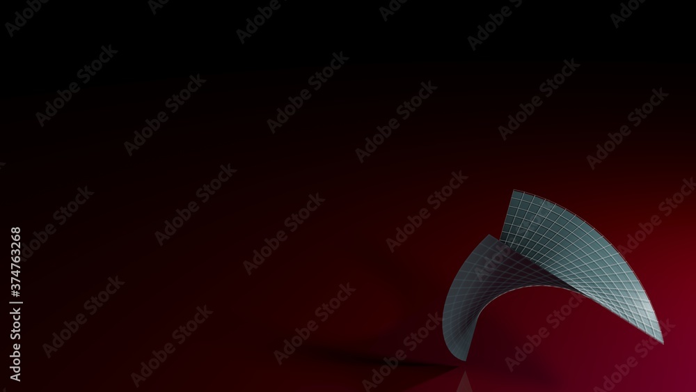 Poster abstract blue twisted grid surface over a red glossy plane - 3d rendering illustration