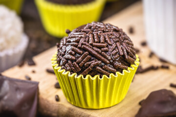 Brigadeiro ou negrinho, a typical Brazilian birthday party bonbon, made of chocolate, condensed milk, sugar and covered with sprinkles.