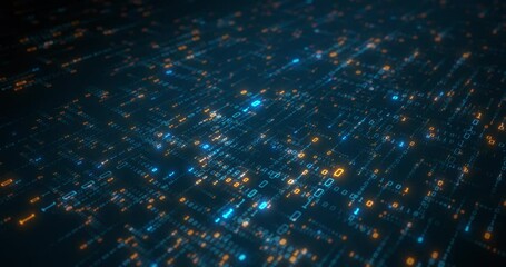 Digital binary data and streaming binary code executed by a computer on a 3D plane. Visual representation big data concept. Compiling, optimizing Neural Nets. 3D render, 4K loop - Powered by Adobe