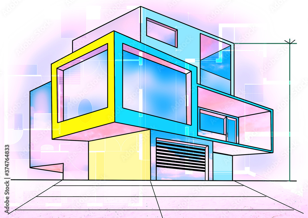 Poster design of houses. the drawing of the house is superimposed on the scheme of the internal layout of r