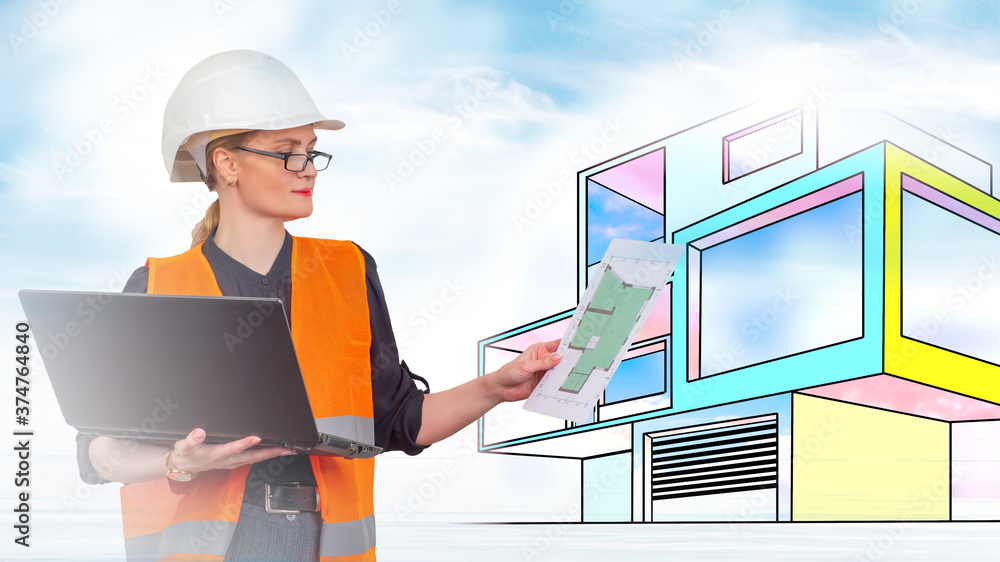 Poster a woman architect next to a drawn model of the future house. creating a new building project. archit