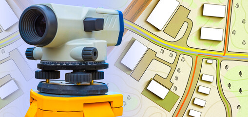 Surveyor. Theodolite on the map background. Geodetic works. Cartography. Preparation of location...