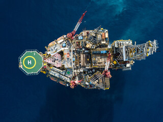 Aerial view from a drone of an offshore jack up rig at the offshore location during day time