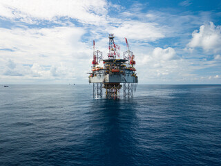Aerial view from a drone of an offshore jack up rig at the offshore location during day time