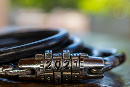 2021 new year. Secret lock with the number 2021. Blurred background and space for text.
