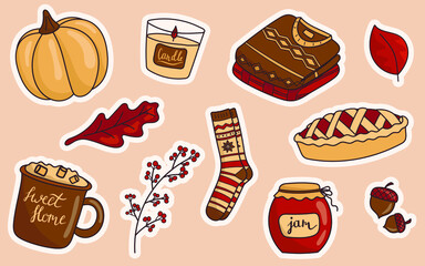 Vector illustration of a set of doodle icons stickers on the autumn theme. Warm colors, cartoon cozy fall style.