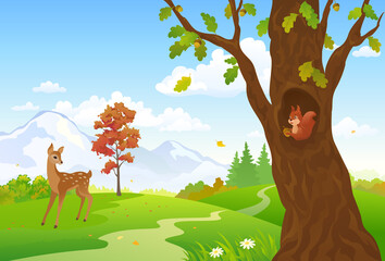 Autumn forest with cute animals, colorful mountain landscape, vector cartoon illustration