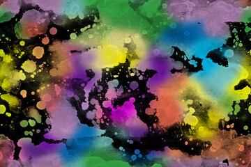 Neon rainbow watercolor splash seamless pattern. Hand-painted repeated texture, splashes, drops, smears, ink stains.  Fluorescent paint illustration for backgrounds, wallpapers, covers, print design.
