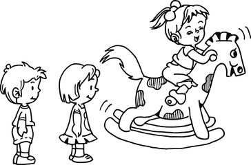 Vector cartoon kids playing wood horse