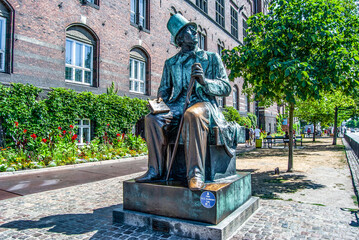 Bronze statue of Danish writer Hans Christian Andersen in Copenhagen City Hall square, facing H.C....