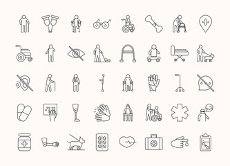 world disability day, handicapped or disabled people, linear icons set design