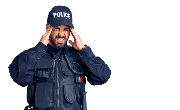 Young hispanic man wearing police uniform with hand on head, headache because stress. suffering migraine.