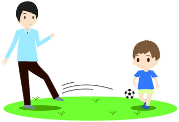 子供とサッカーをする休みの日の父親のイラスト