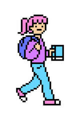 Pixel art girl walking side view isolated on white background. 8 bit woman character with a backpack and a book. Happy schoolgirl. Old school vintage retro 80s-90s slot machine/ video game graphics.