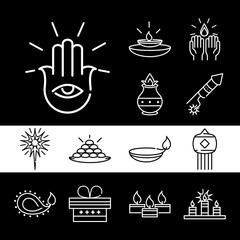 happy diwali india festival, deepavali religion event line style icons
