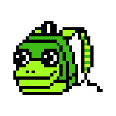Fototapeta premium Pixel art kids' plush green frog backpack. 8 bit animal school bag icon isolated on white background. Old school vintage retro 80s-90s slot machine/ video game graphics.