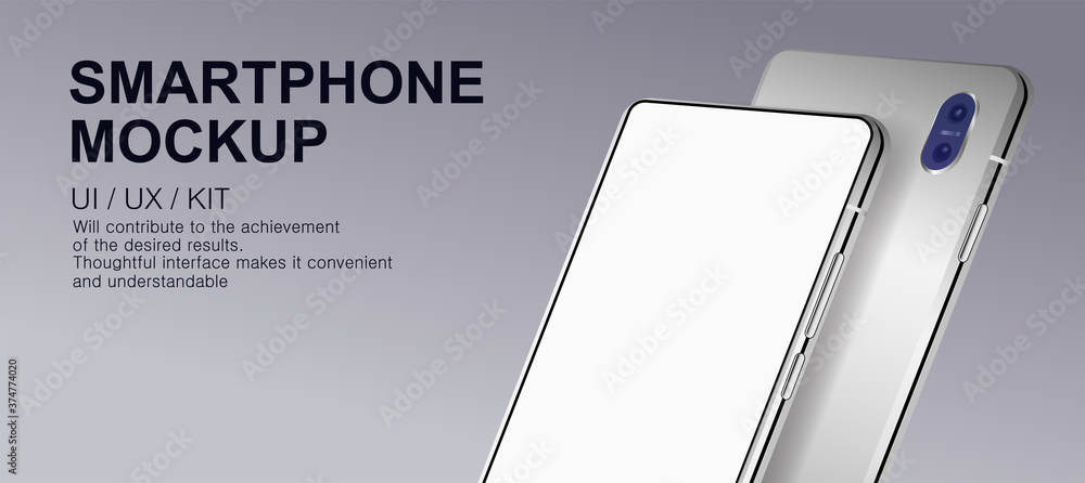 Poster Smartphone presentation mockup with blank display. Two mobile phones in perspective, front and back views in metallic and gray. 3D cell phone in realistic style. Template smartphones. Vector