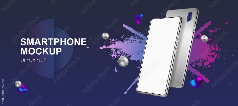 Aufkleber Smartphone Mockup rotated position and website design. Realistic 3D gadget white blank display and rotated position. Template wireframing screens. Mobile phone template for UI, web presentation. 